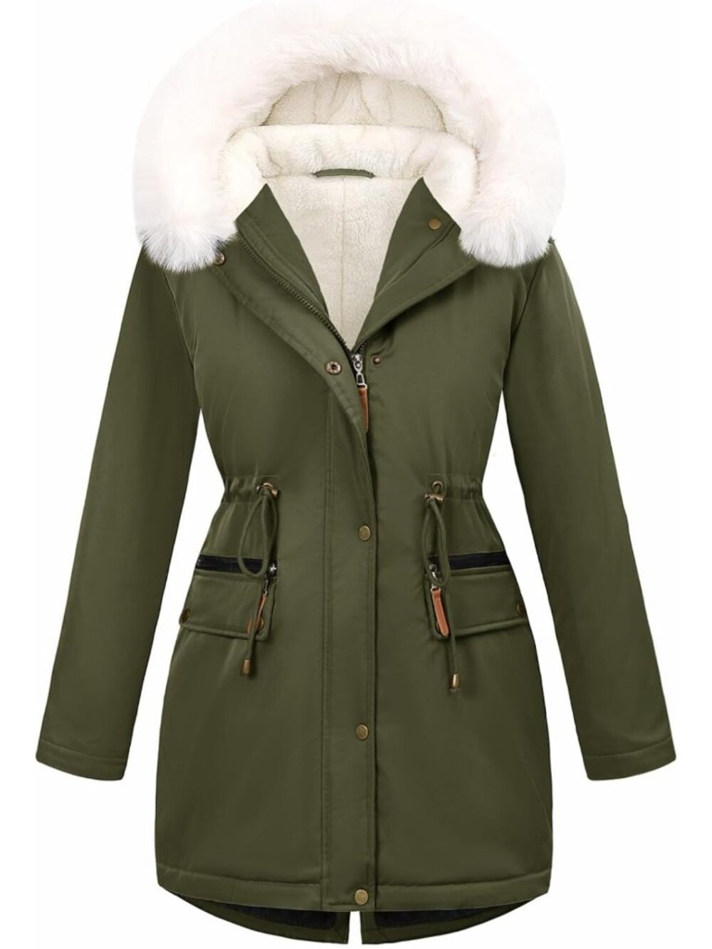 Cozy Women's Winter Puffer Coat with Removable Fur Trim, Fleece Lined Jacket